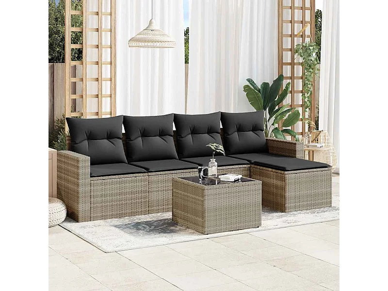 6-tlg. Garten-Sofagarnitur mit Kissen Hellgrau Poly Rattan