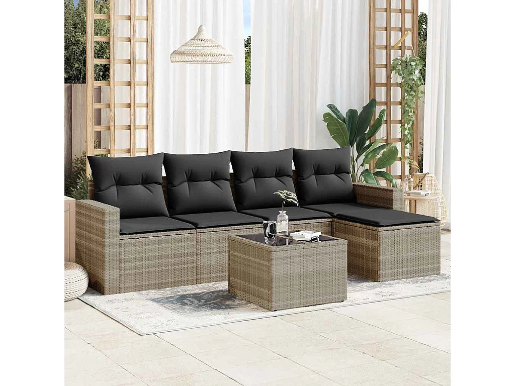 Salon de jardin 6 pcs avec coussins gris clair résine tressée