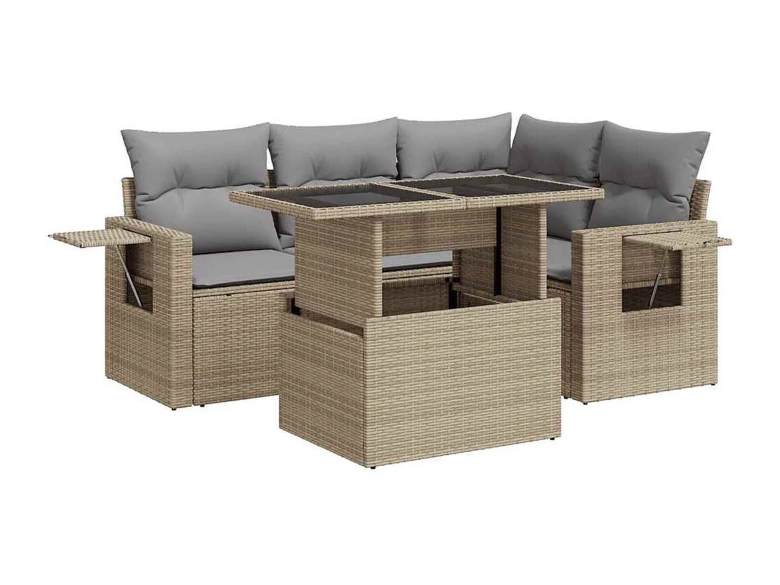 Set Divano da Giardino 5 pz con Cuscini Beige in Polyrattan