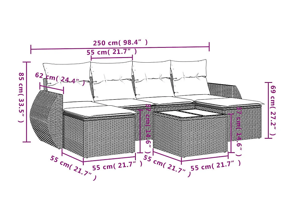 7 pcs conjunto de sofás jardim c/ almofadões vime PE castanho