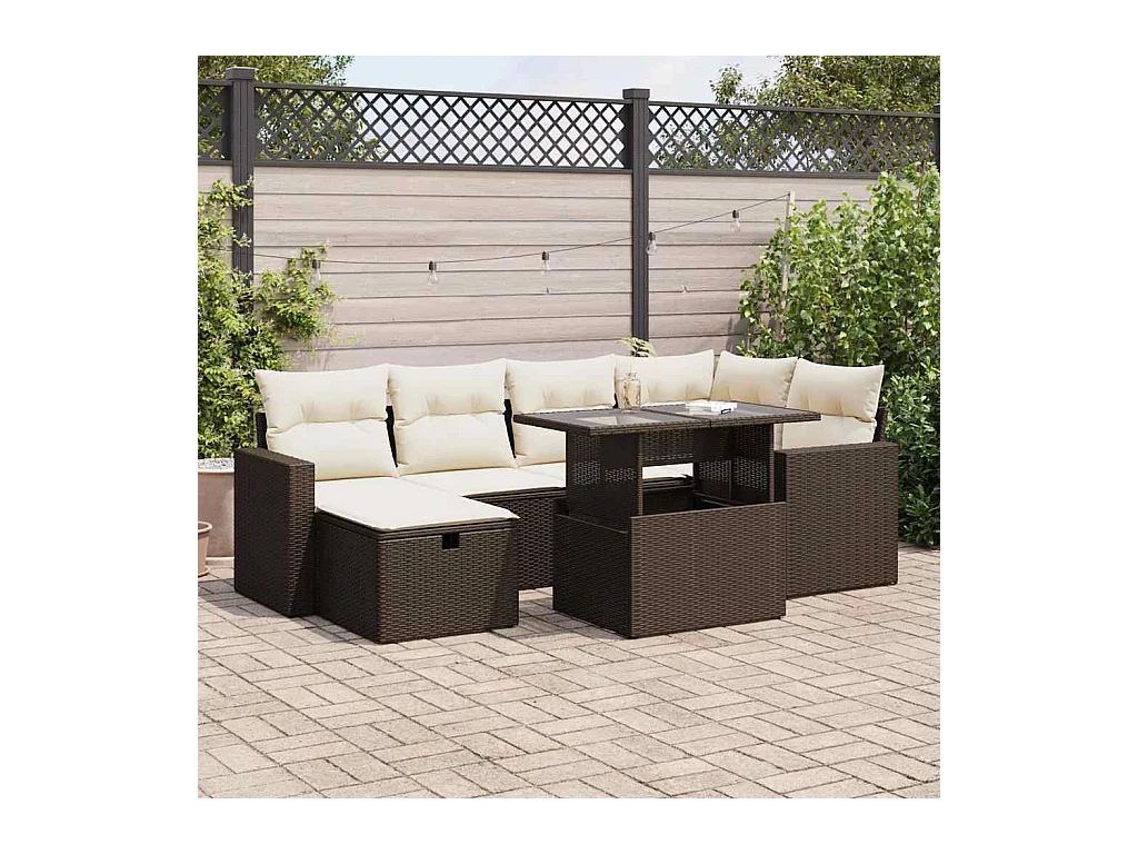 Salon de jardin avec coussins 7 pcs marron résine tressée