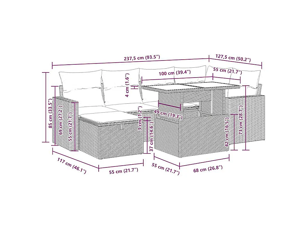 7-tlg. Garten-Sofagarnitur mit Kissen Braun Poly Rattan