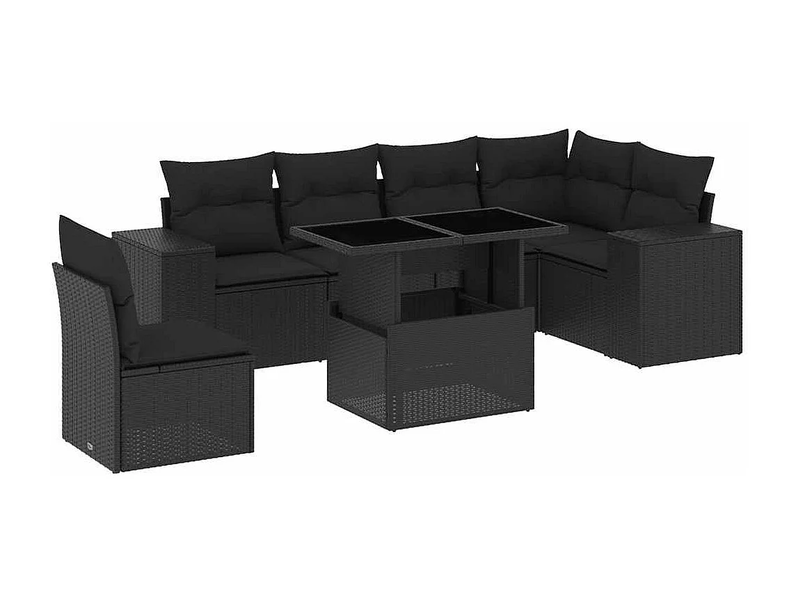 Salon de jardin 7 pcs avec coussins noir résine tressée