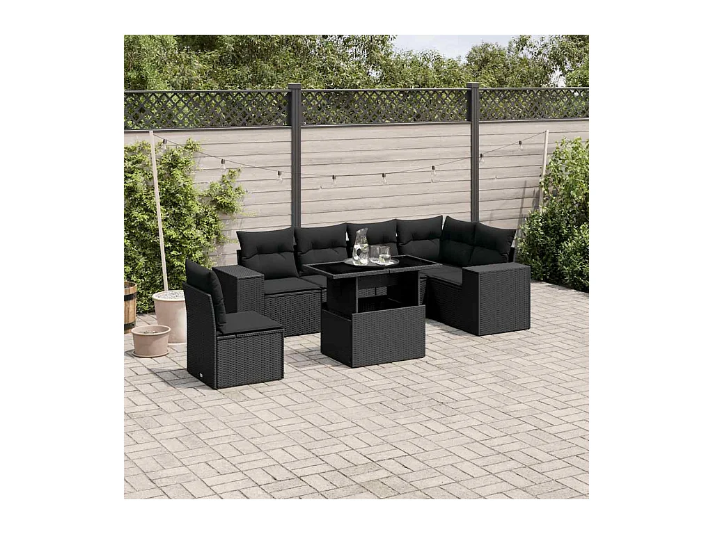 7-tlg. Garten-Sofagarnitur mit Kissen Schwarz Poly Rattan