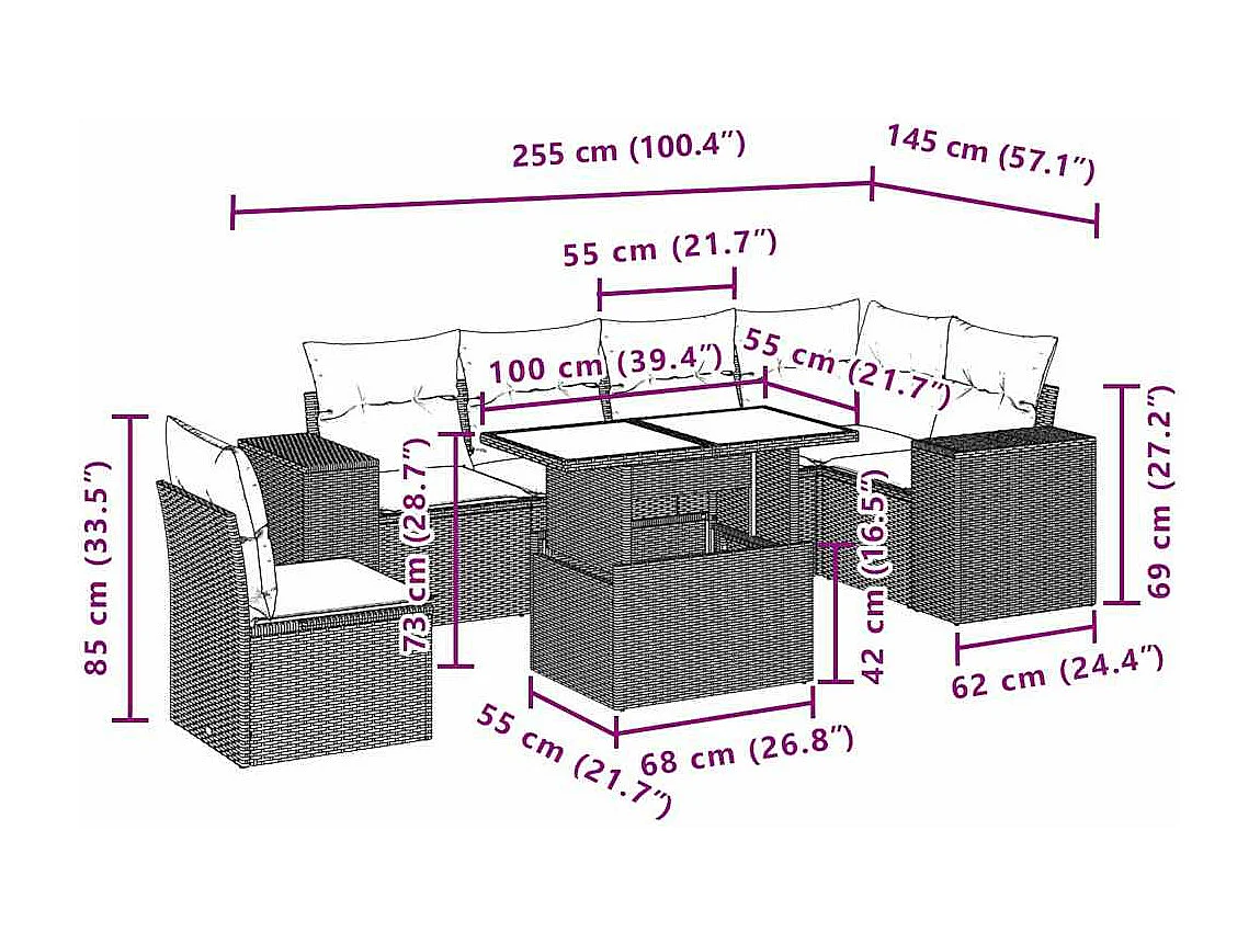 7-tlg. Garten-Sofagarnitur mit Kissen Schwarz Poly Rattan