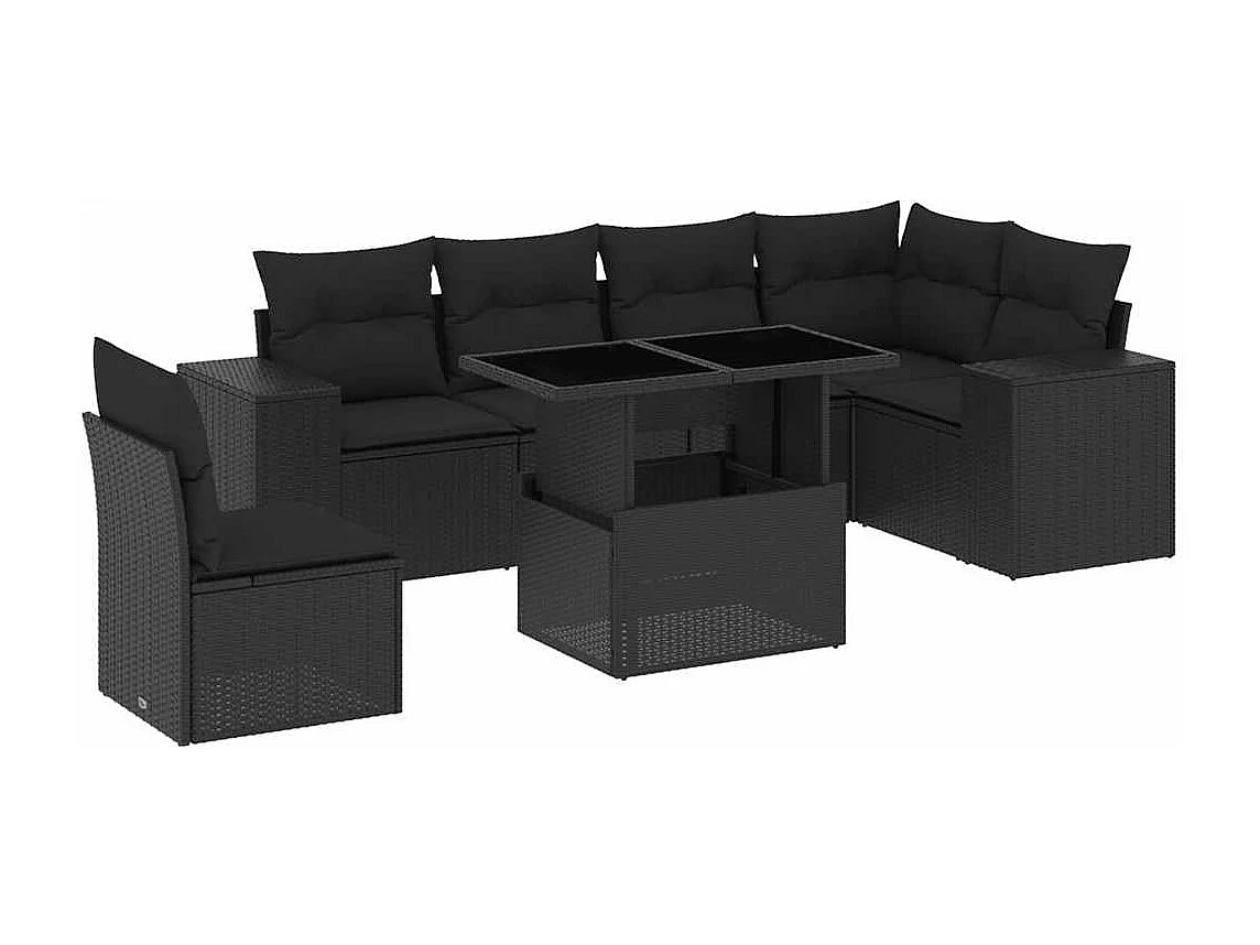 7 pcs conjunto de sofás p/ jardim c/ almofadões vime PE preto