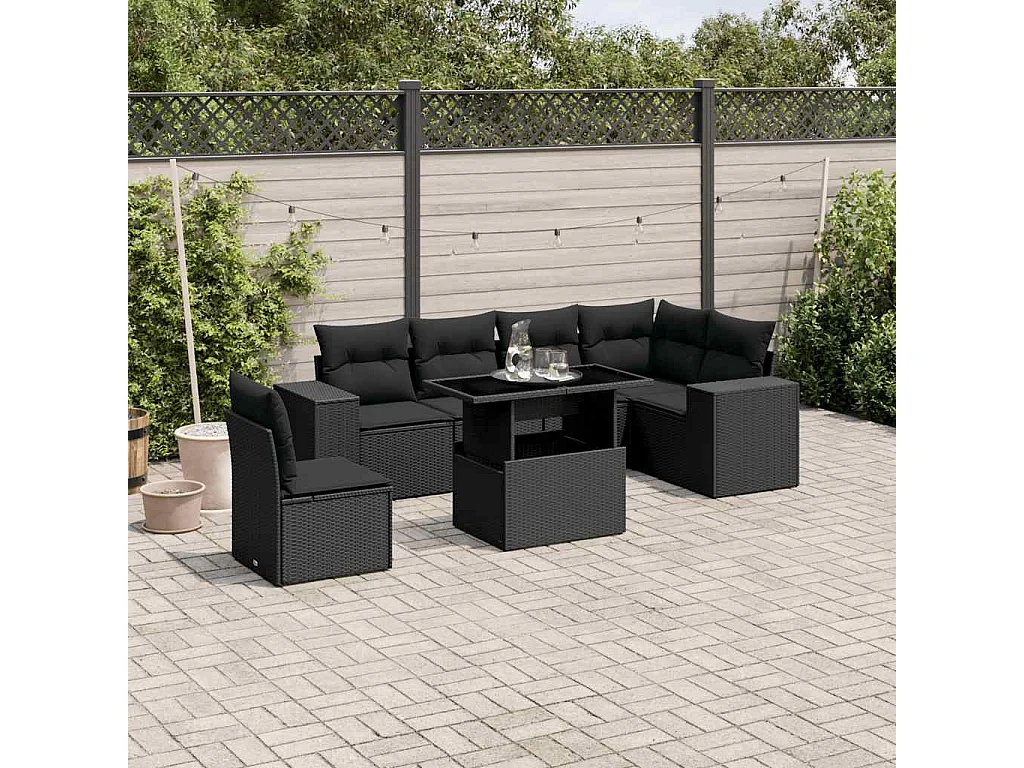 7 pcs conjunto de sofás p/ jardim c/ almofadões vime PE preto