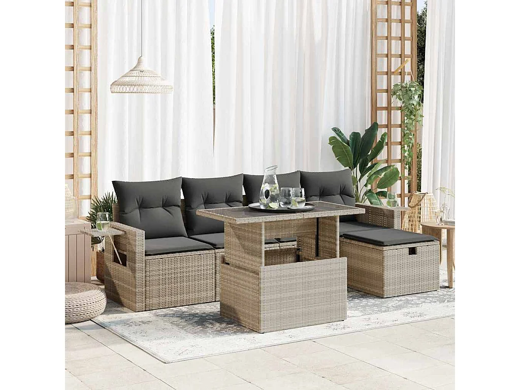 Salon de jardin 6 pcs avec coussins gris clair résine tressée