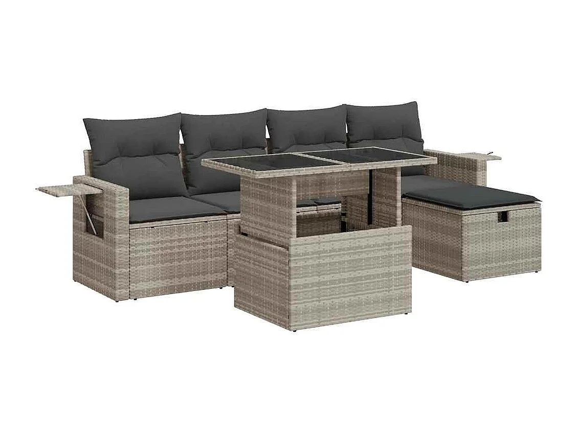 Salon de jardin 6 pcs avec coussins gris clair résine tressée