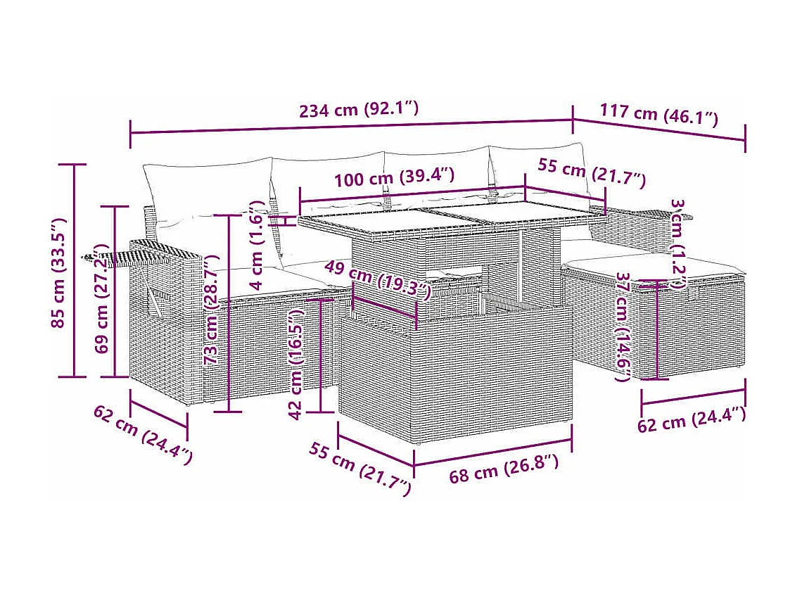 Salon de jardin 6 pcs avec coussins gris clair résine tressée