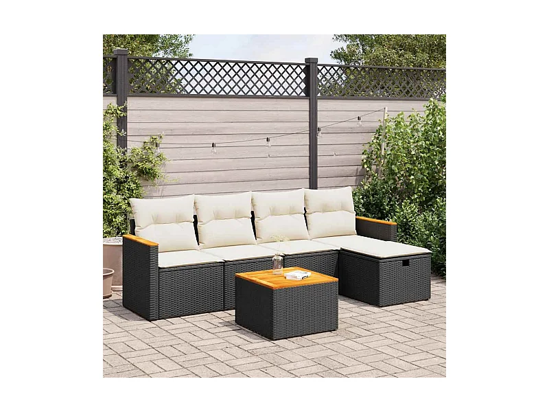 Salon de jardin 6 pcs avec coussins noir résine tressée