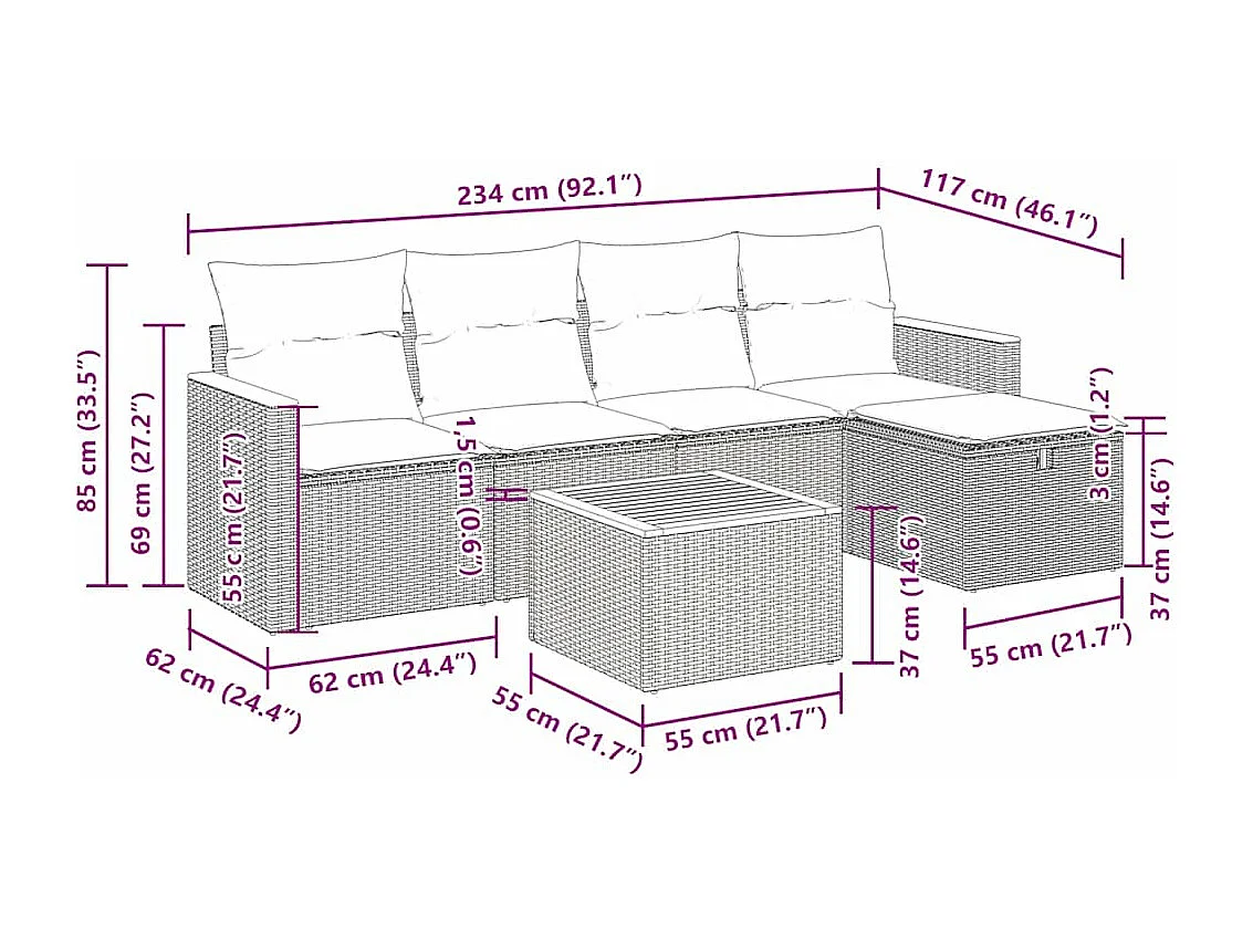 Salon de jardin 6 pcs avec coussins noir résine tressée
