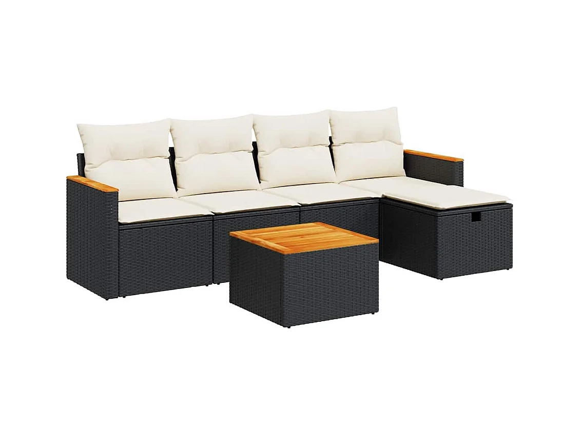 Salon de jardin 6 pcs avec coussins noir résine tressée