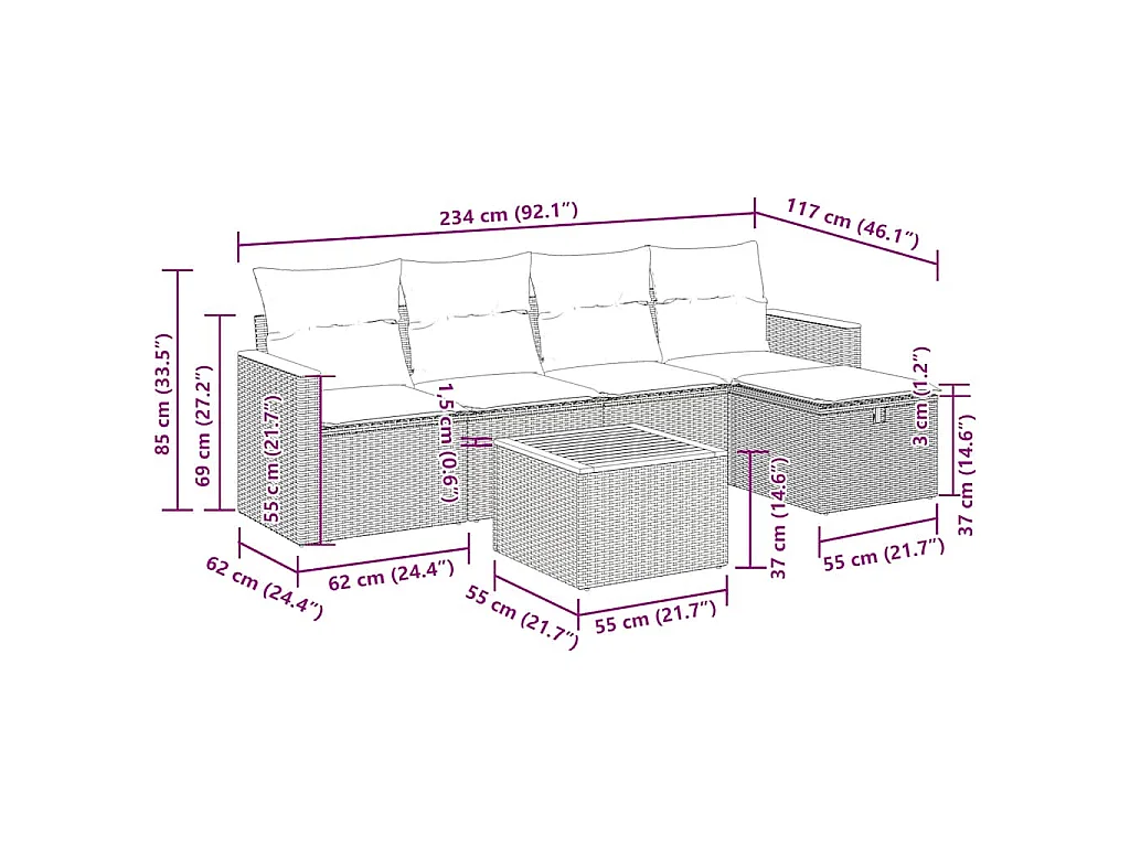 6-tlg. Garten-Sofagarnitur mit Kissen Schwarz Poly Rattan
