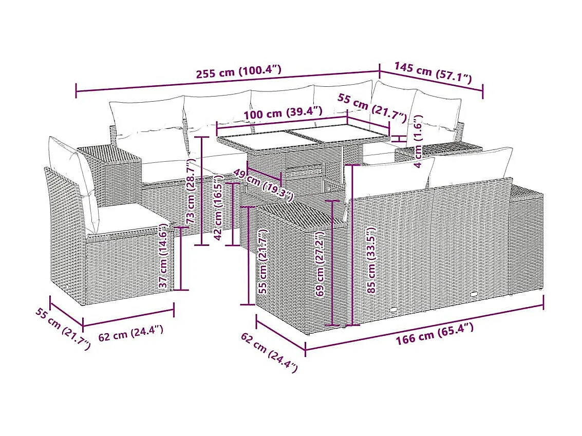 7-tlg. Garten-Sofagarnitur mit Kissen Schwarz Poly Rattan