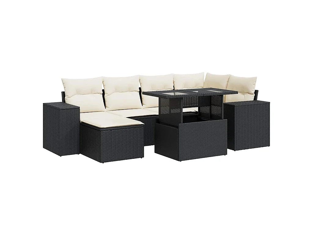7-delige Loungeset met kussens poly rattan zwart