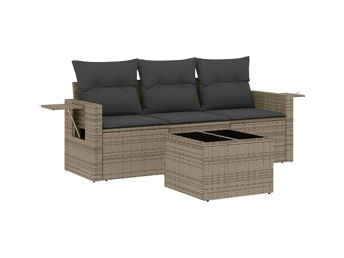 Salon de jardin 4 pcs avec coussins gris résine tressée