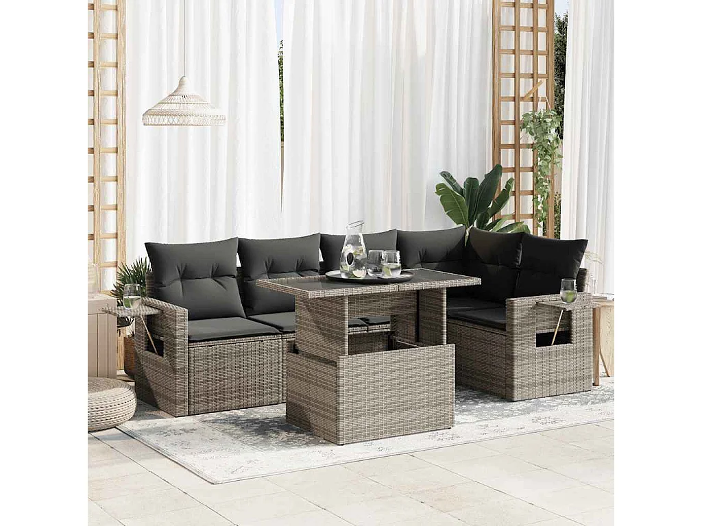 Salon de jardin 6 pcs avec coussins gris résine tressée