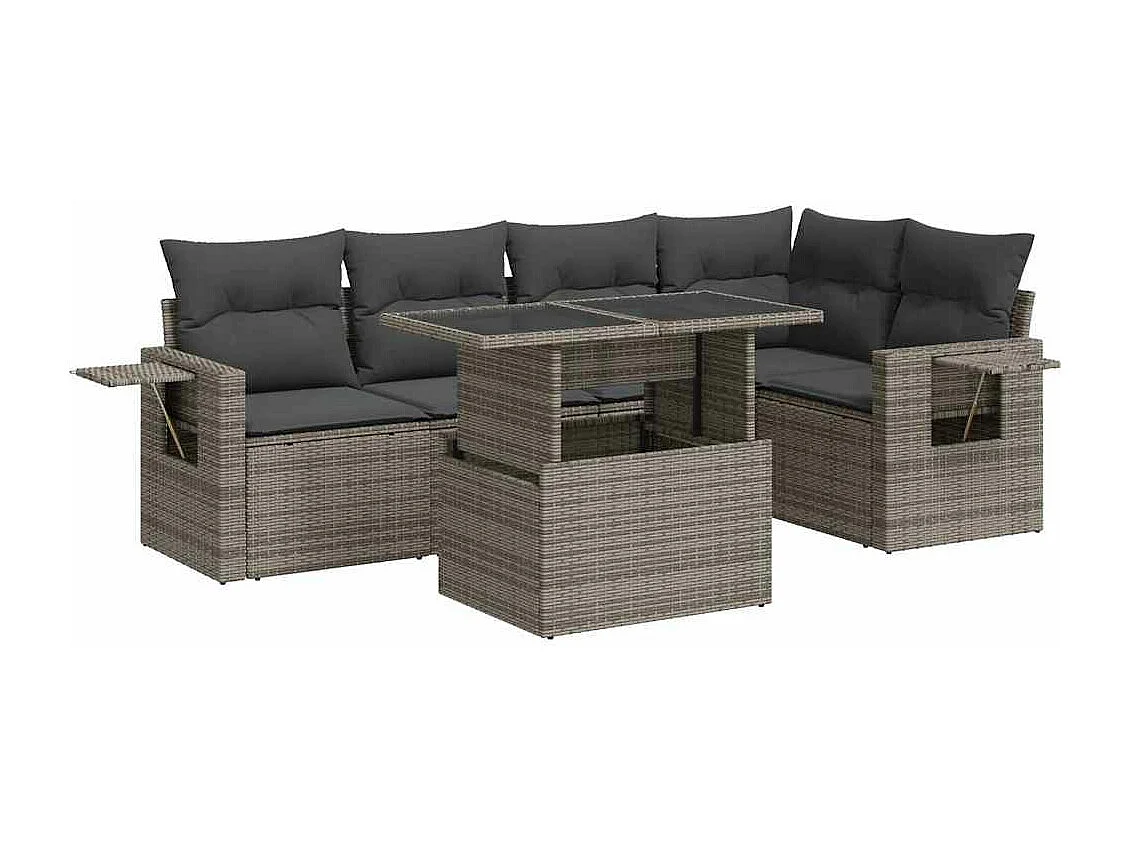 Salon de jardin 6 pcs avec coussins gris résine tressée