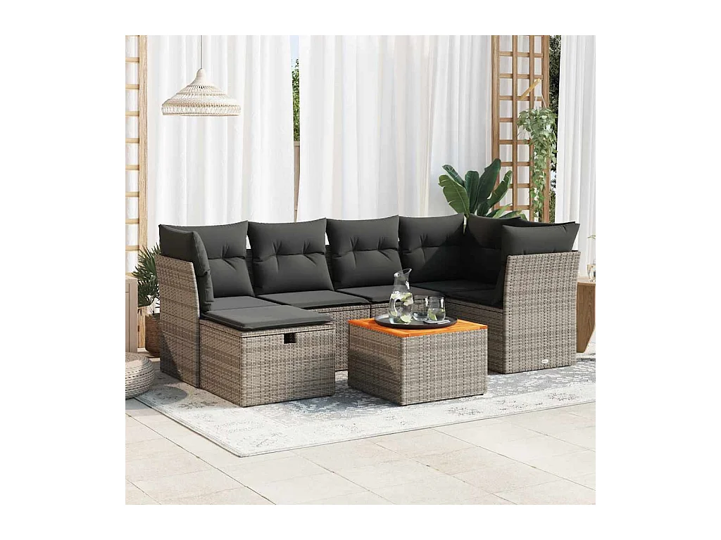 7-tlg. Garten-Sofagarnitur mit Kissen Grau Poly Rattan