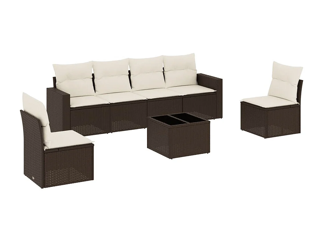 Set Divani da Giardino 7 pz con Cuscini Marrone in Polyrattan