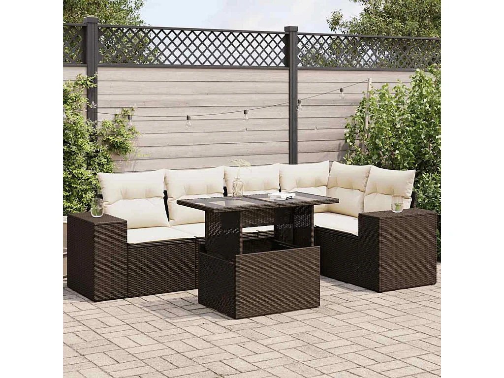 Salon de jardin avec coussins 6 pcs marron résine tressée