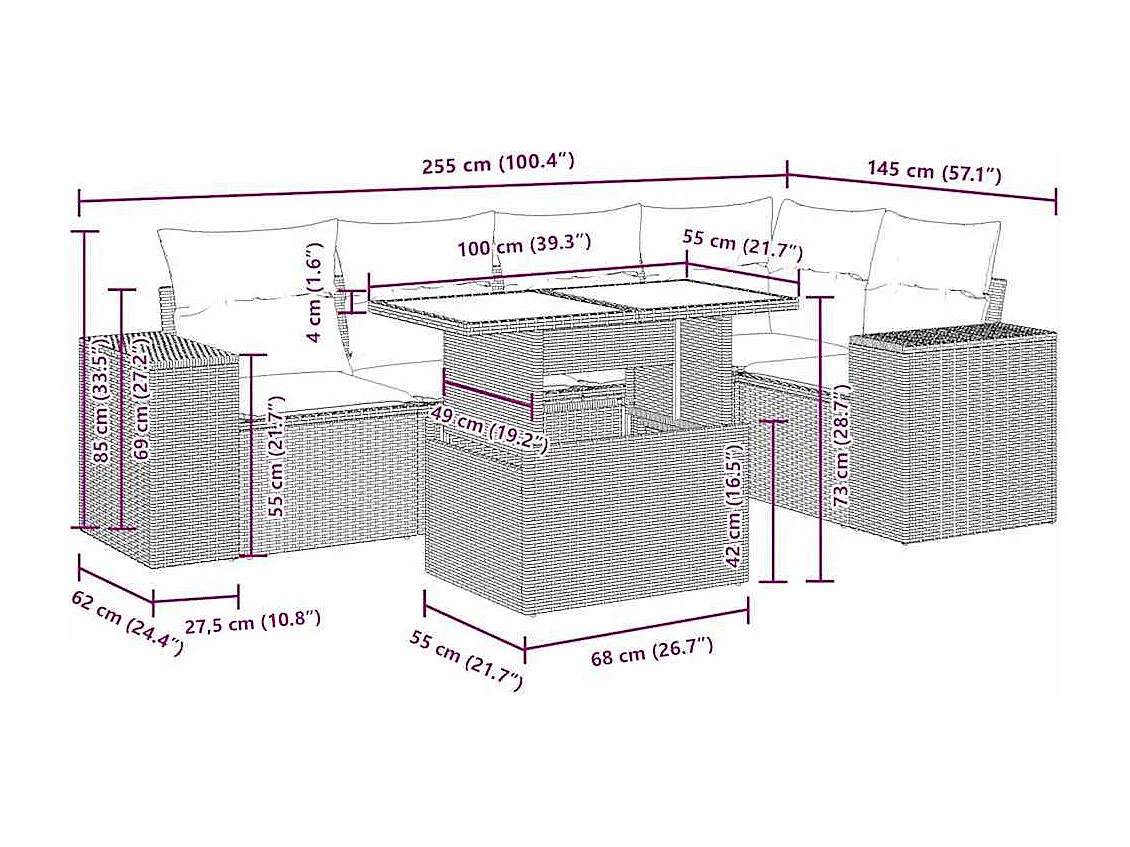 Salon de jardin avec coussins 6 pcs marron résine tressée