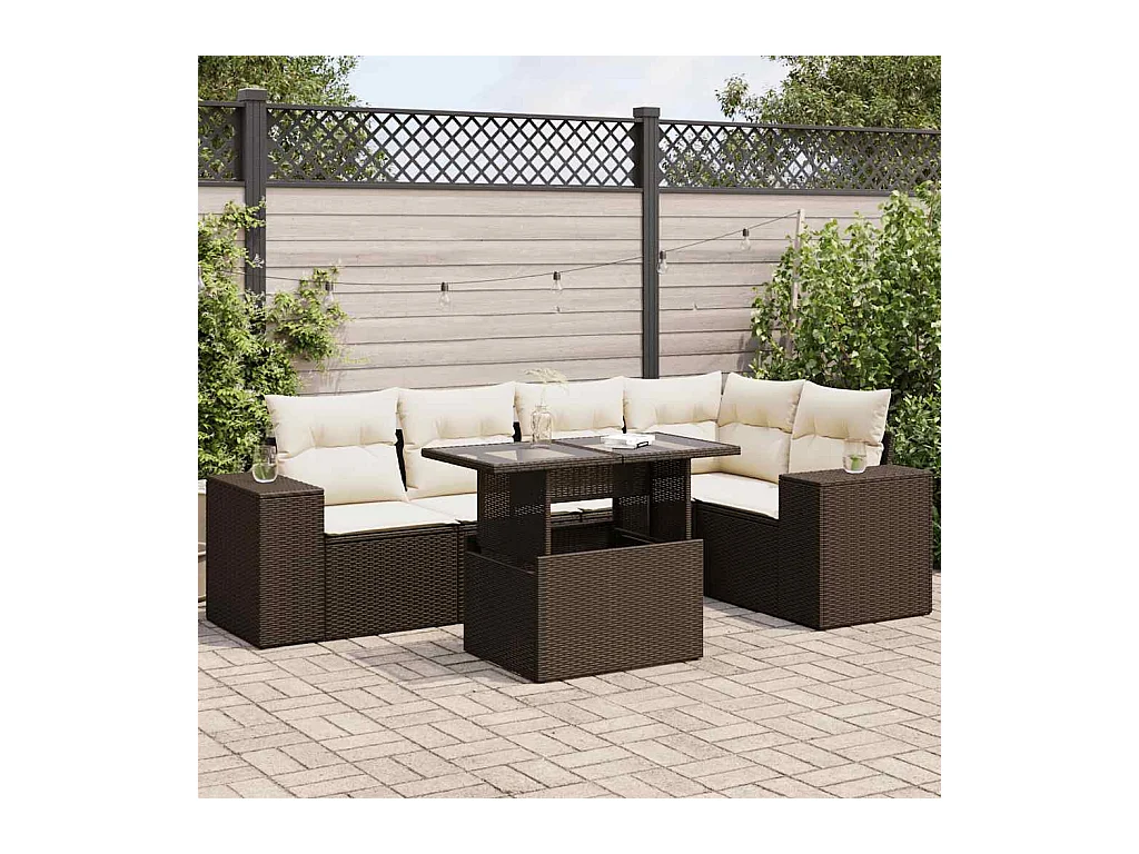 Set Divano da Giardino 6 pz con Cuscini Marrone in Polyrattan