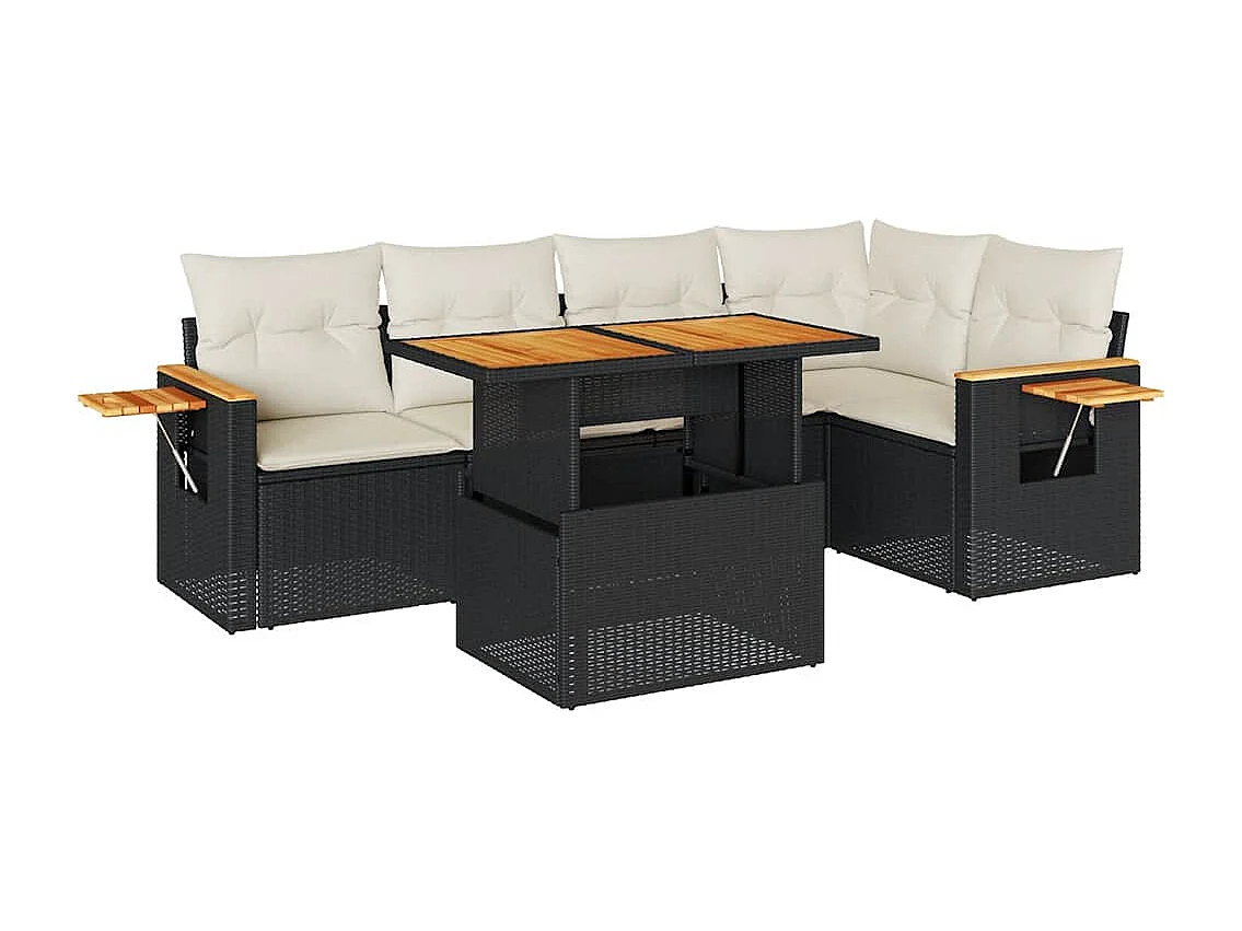 Salon de jardin 6 pcs avec coussins noir résine tressée acacia