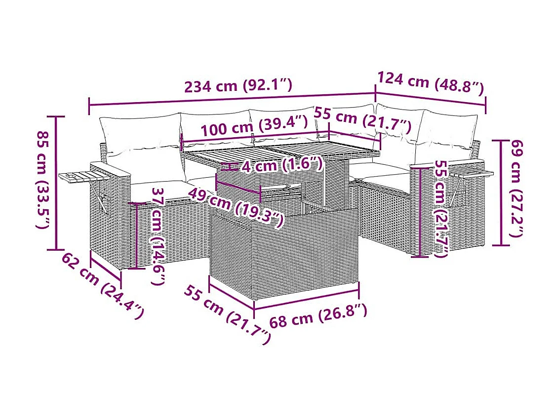 Salon de jardin 6 pcs avec coussins noir résine tressée acacia