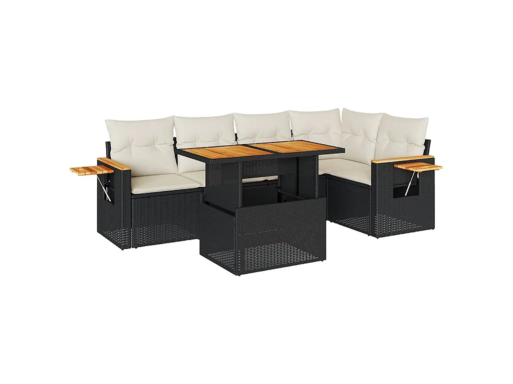 Set Divano da Giardino 6 pz con Cuscini Nero Polyrattan Acacia