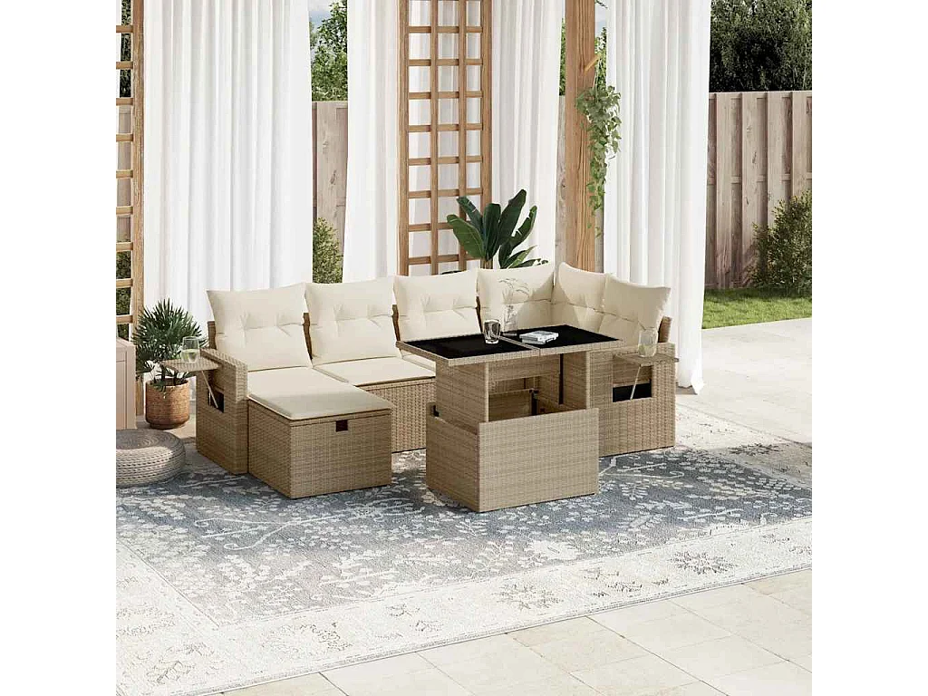 Salon de jardin avec coussins 7 pcs beige résine tressée