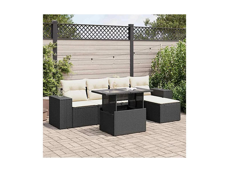 Salon de jardin 6 pcs avec coussins noir résine tressée