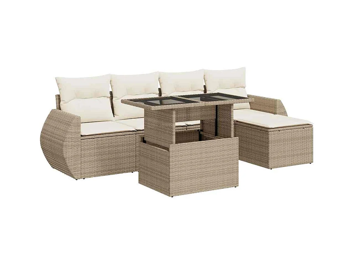 6-tlg. Garten-Sofagarnitur mit Kissen Beige Poly Rattan
