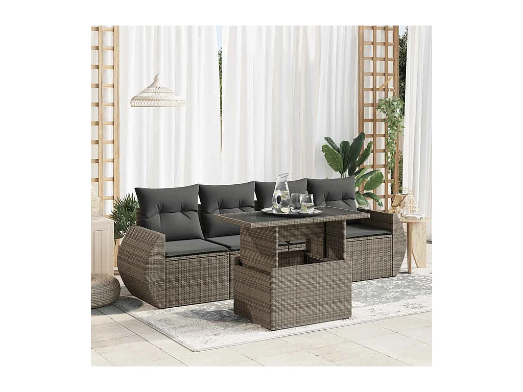 Salon de jardin 5 pcs avec coussins gris résine tressée