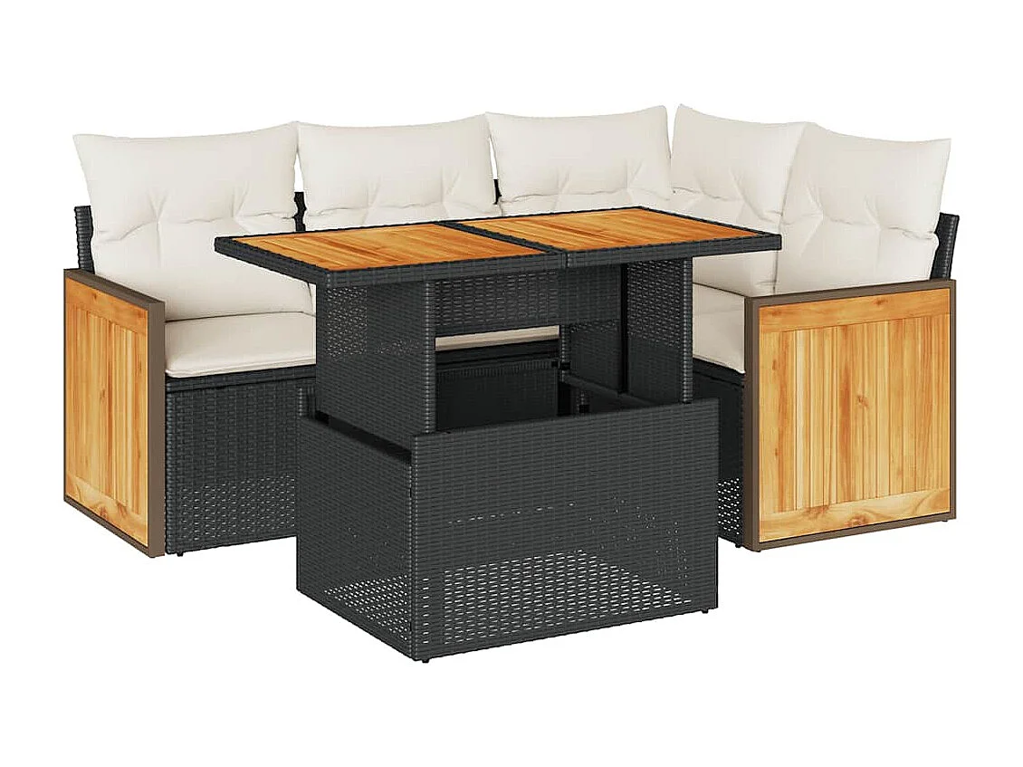 Set Divani da Giardino 5 pz con Cuscini Nero Polyrattan Acacia