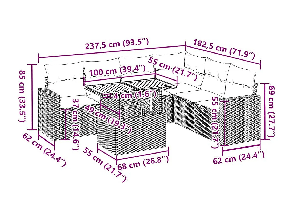 Set de sofás de jardín 7 pzas con cojines ratán sintético negro