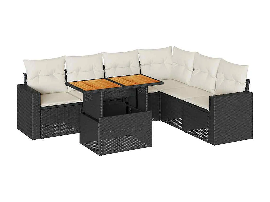 Salon de jardin 7 pcs avec coussins noir résine tressée