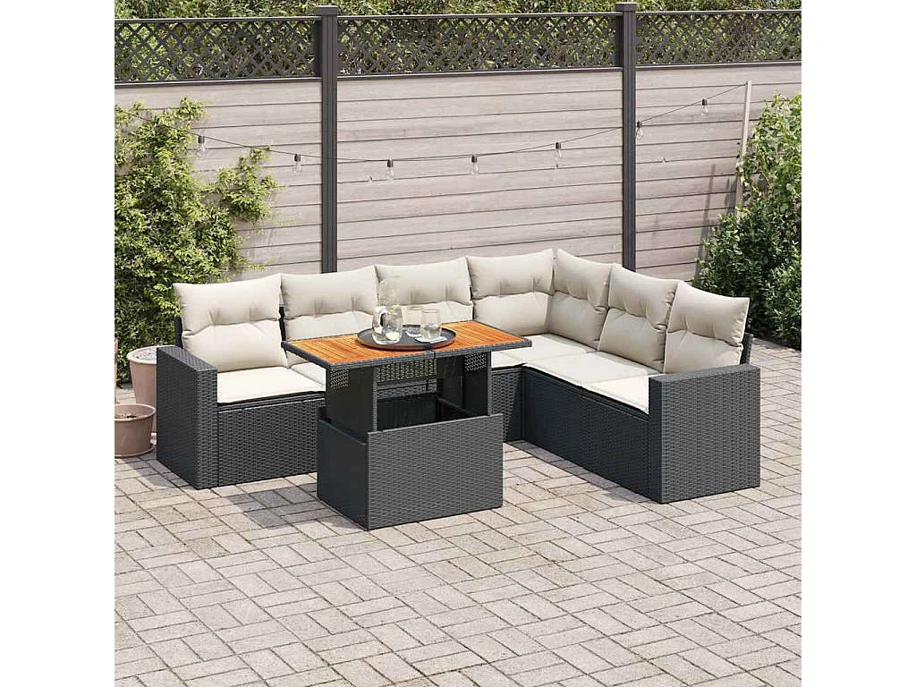 Salon de jardin 7 pcs avec coussins noir résine tressée