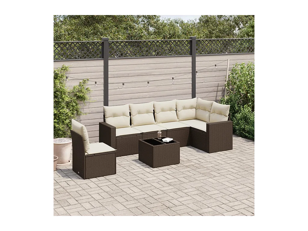 7 pcs conjunto de sofás jardim c/ almofadões vime PE castanho