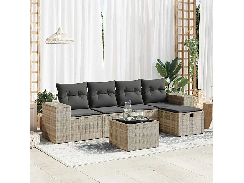 6-tlg. Garten-Sofagarnitur mit Kissen Hellgrau Poly Rattan