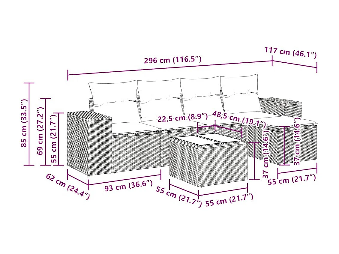 6-tlg. Garten-Sofagarnitur mit Kissen Hellgrau Poly Rattan