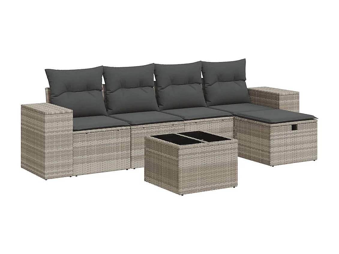 Salon de jardin 6 pcs avec coussins gris clair résine tressée