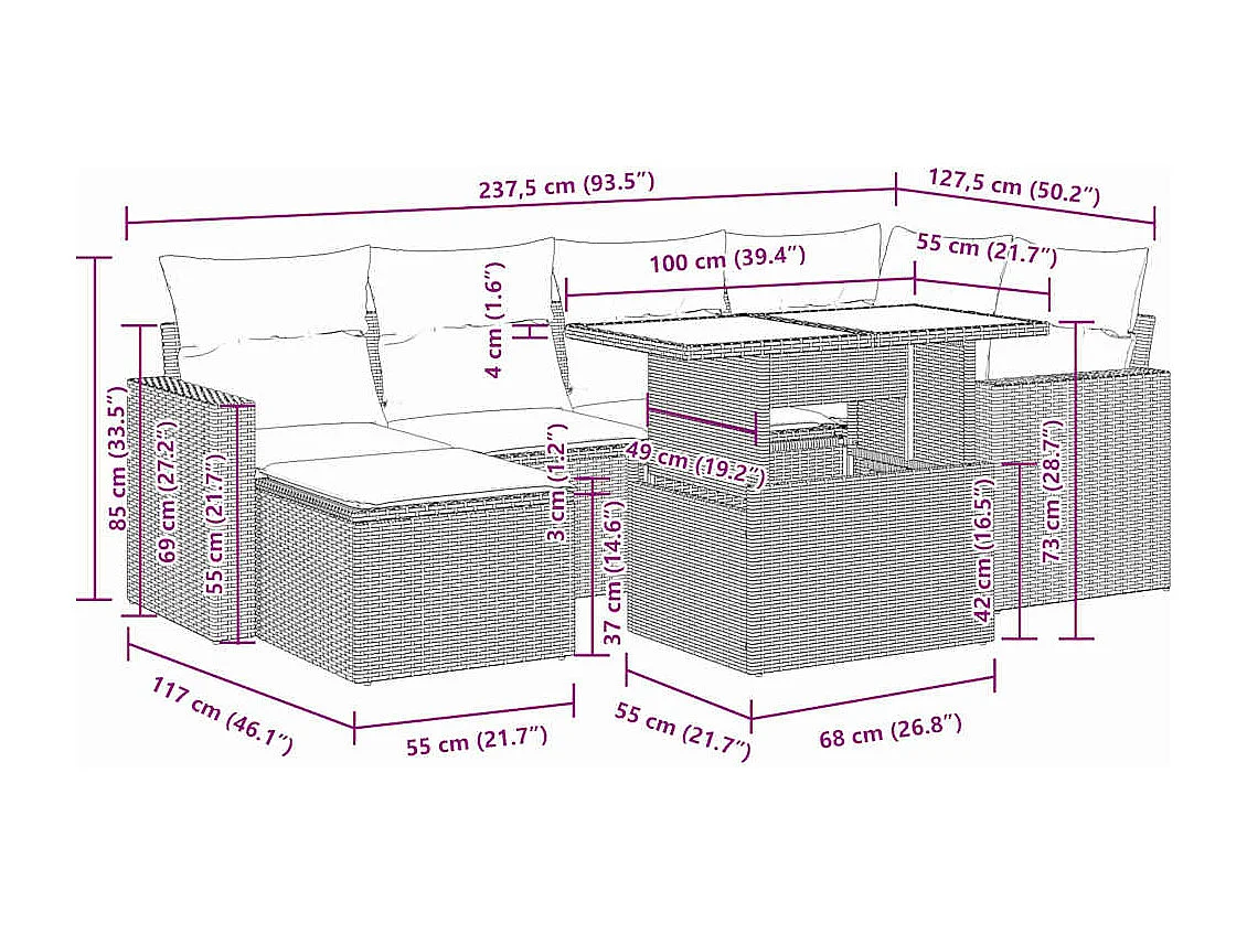Set Divani da Giardino 7 pz con Cuscini Beige in Polyrattan