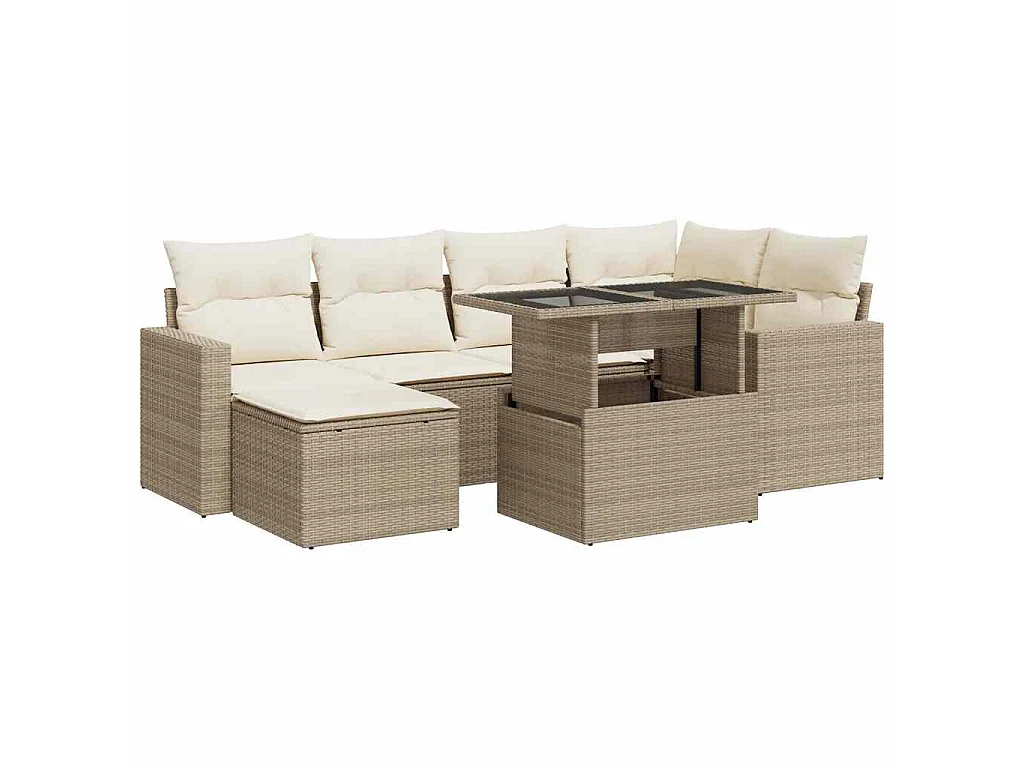 7-tlg. Garten-Sofagarnitur mit Kissen Beige Poly Rattan