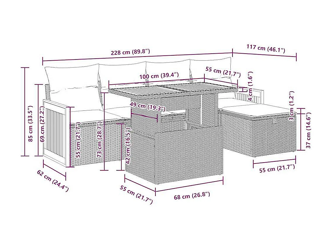 Set Divano da Giardino 6 pz con Cuscini Nero in Polyrattan