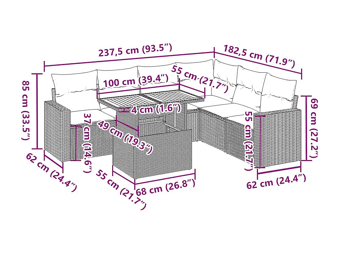 Set de sofás de jardín 7 pzas con cojines ratán sintético gris