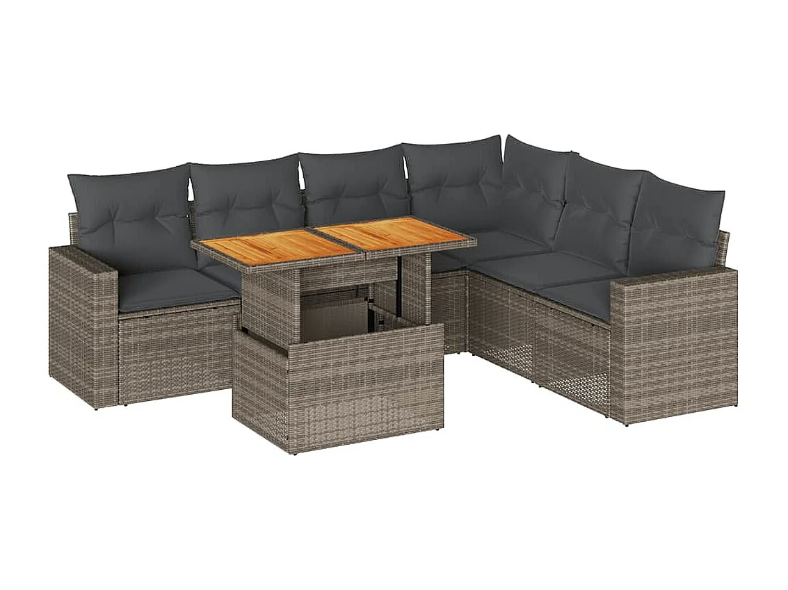 7-tlg. Garten-Sofagarnitur mit Kissen Grau Poly Rattan