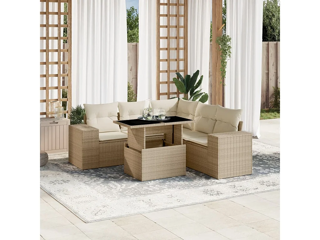 Salon de jardin avec coussins 6 pcs beige résine tressée