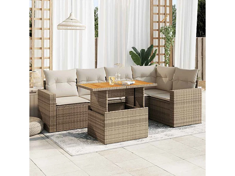 6-tlg. Garten-Sofagarnitur mit Kissen Beige Poly Rattan
